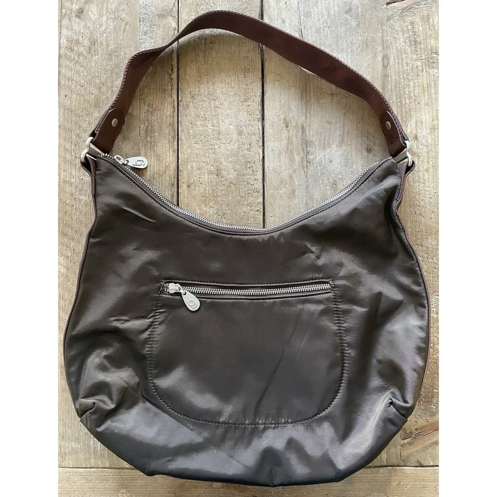 Baggallini Jessica Brown Hobo Shoulder Handbag Nylon Leather Packable Travel Med